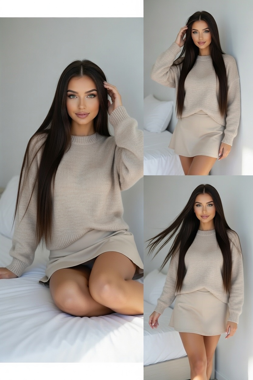 Elena Voss in beige sweater - sitting pose
