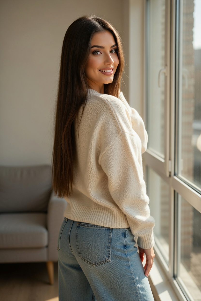 Zara in cream sweater - back view