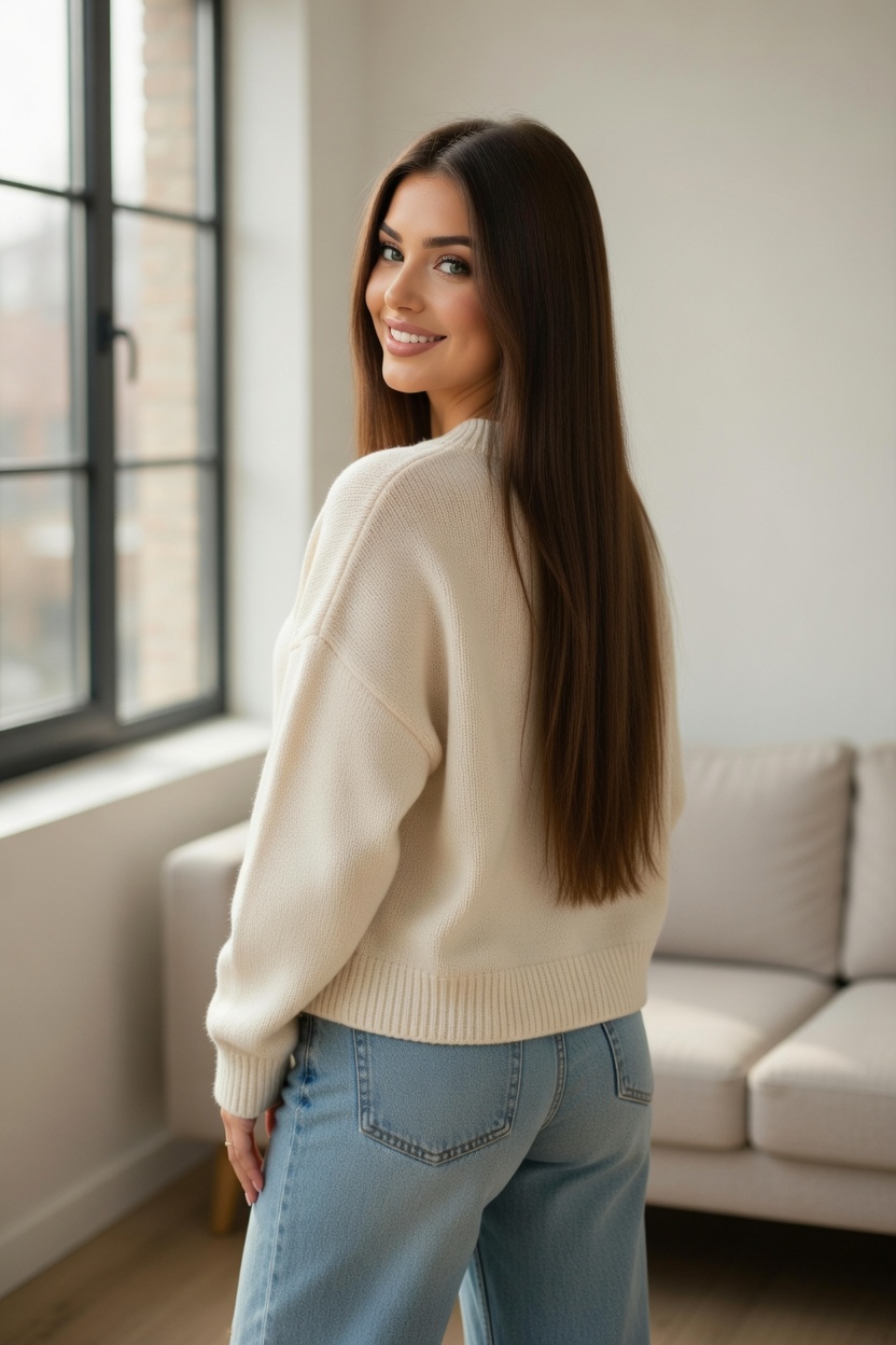 Zara in cream sweater - back view