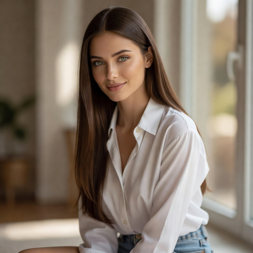 Elena Voss in white oversized button-up shirt - soft side lighting