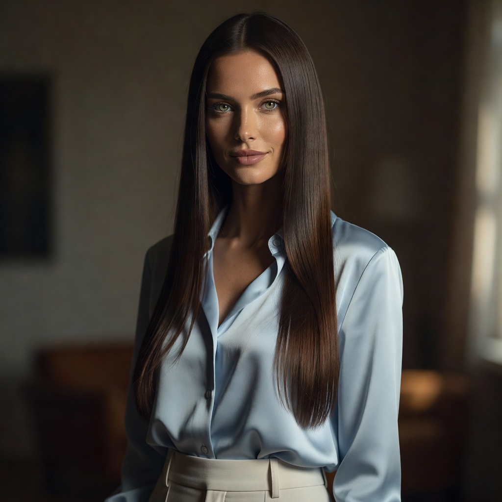 Elena Voss in light blue silk blouse - Rembrandt lighting