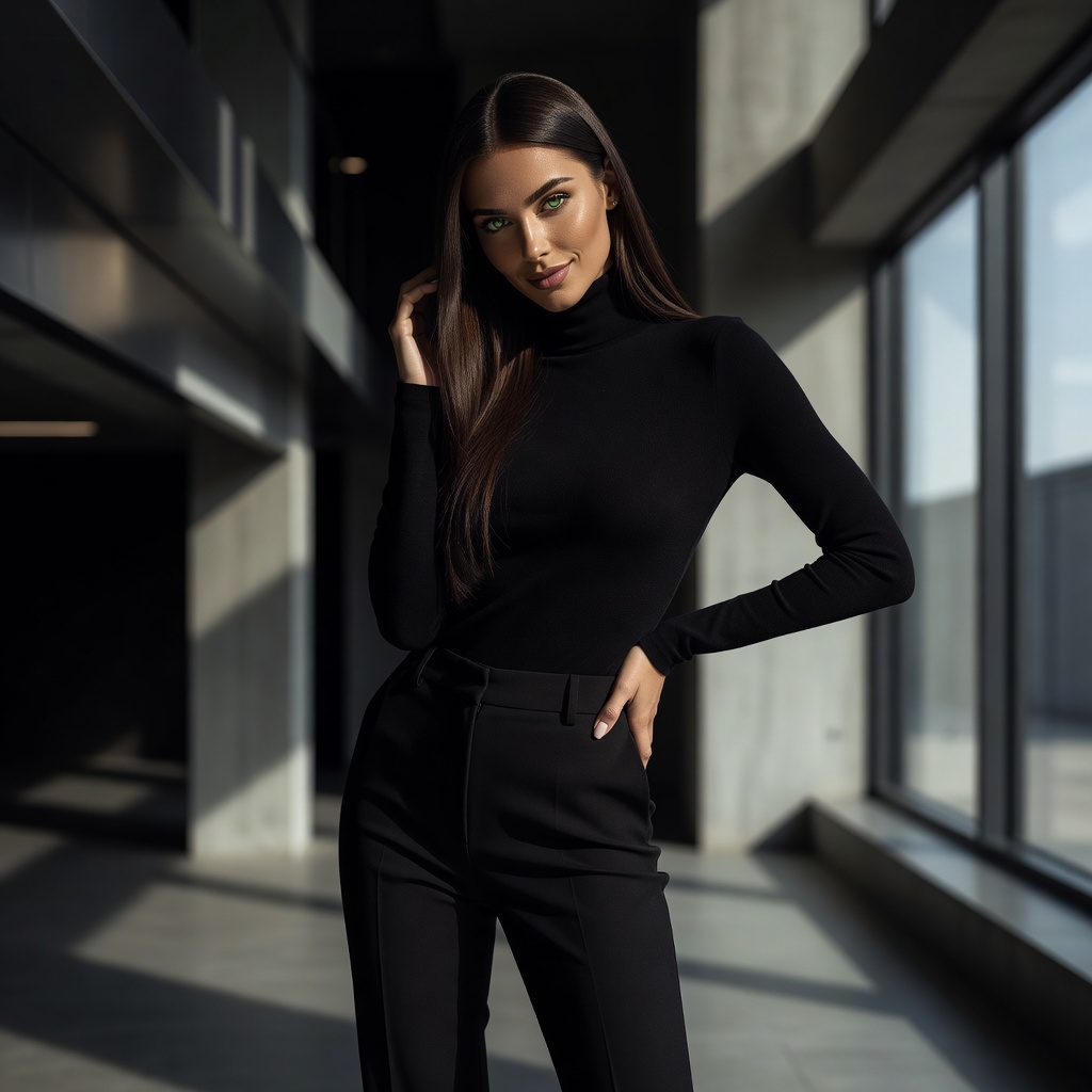 Elena Voss in black turtleneck - dramatic low angle