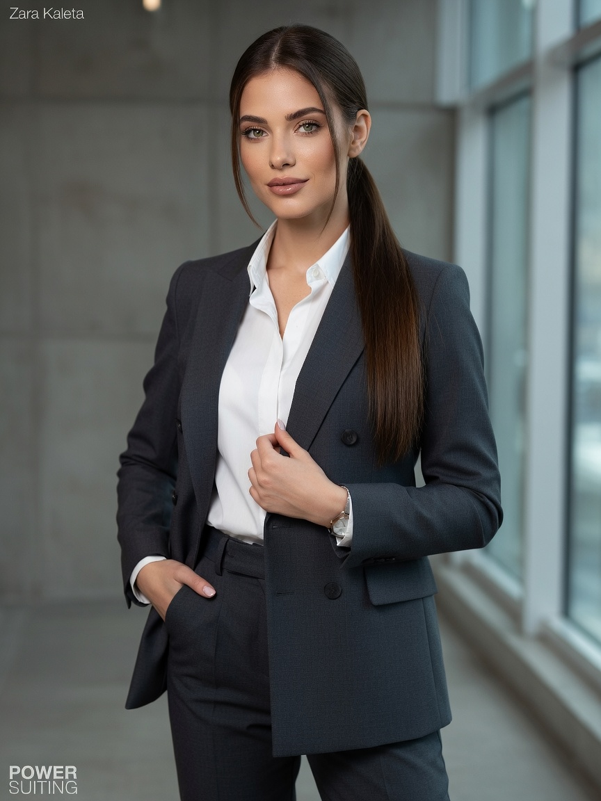 Zara Kaleta in charcoal power suit